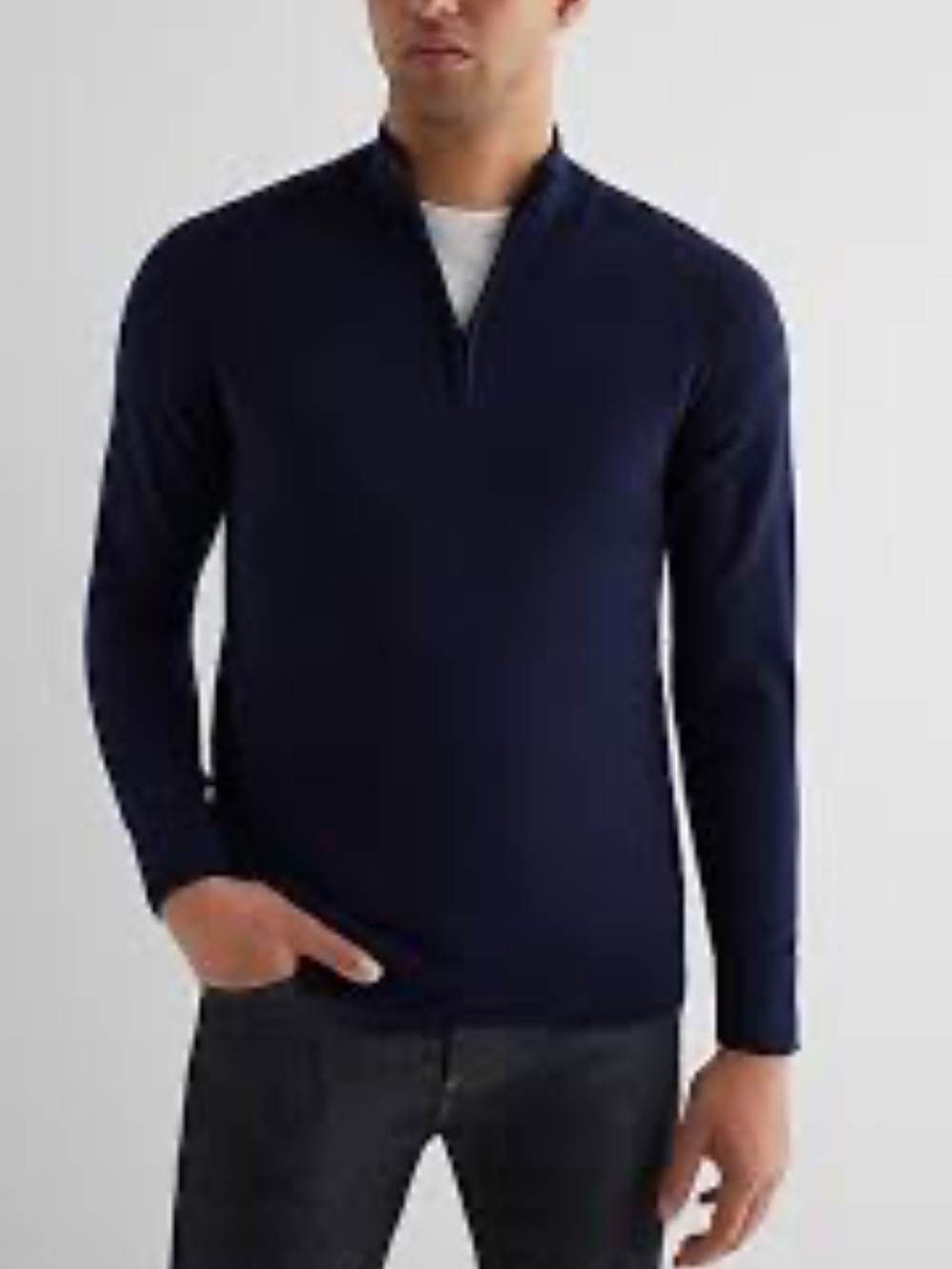 Express 1/4 Zip Everyday Performance Merino Wool Navy LG Mock Neck Raglan SLV EC